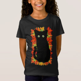 Svart katt, Höst löv mönster, Halloween roligt T Shirt