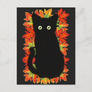 Svart katt, Höst löv mönster, Halloween roligt Vykort