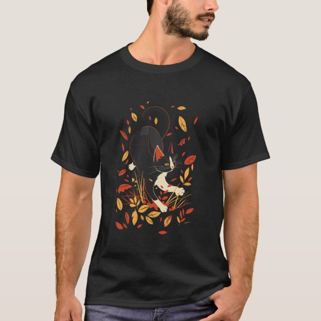 Svart katt Höstblad Träd Hej hösten T Shirt (Framsida)