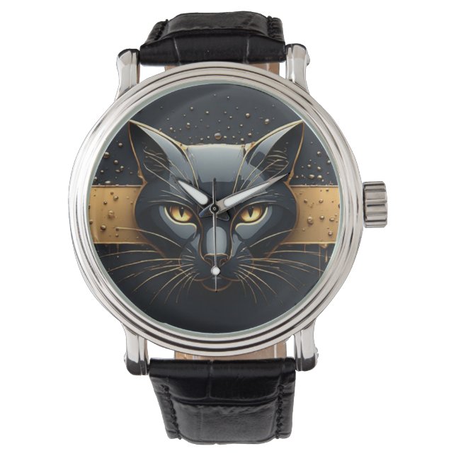 Svart katt huvud med guld dropp design 🐈 armbandsur (Framsida)