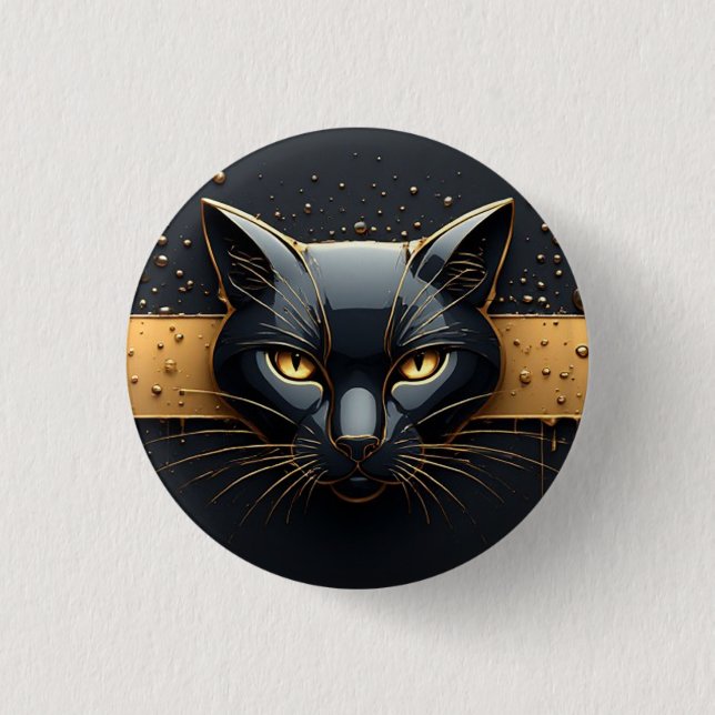 Svart katt huvud med guld dropp design 🐈 knapp (Framsida)