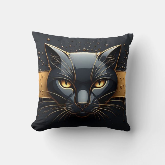 Svart katt huvud med guld dropp design 🐈 kudde (Framsida)