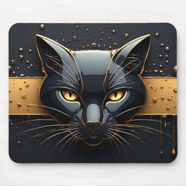 Svart katt huvud med guld dropp design 🐈 musmatta (Framsidan)