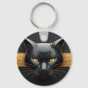 Svart katt huvud med guld dropp design 🐈 nyckelring