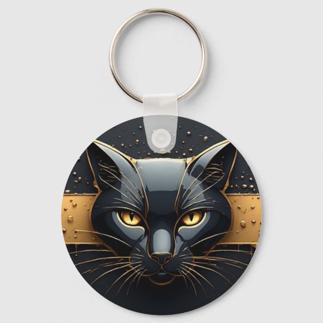 Svart katt huvud med guld dropp design 🐈 nyckelring (Framsida)