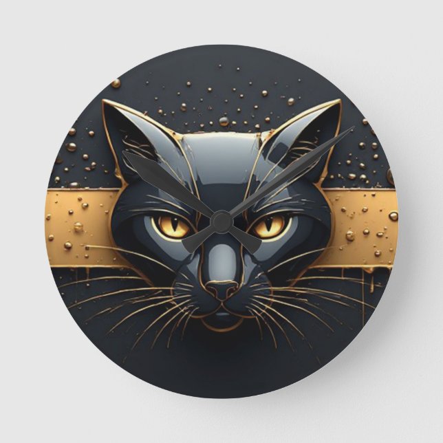 Svart katt huvud med guld dropp design 🐈 rund klocka (Framsida)