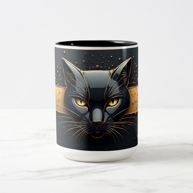 Svart katt huvud med guld dropp design 🐈 Två-Tonad mugg (Center)