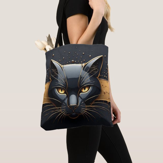 Svart katt huvud med guld dropp design 🐈 tygkasse (Närbild)