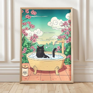 Svart katt i badkar Tryck, Japansk konsttryck, Ja Poster