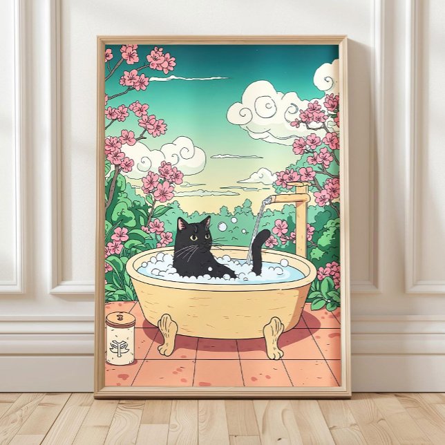 Svart katt i badkar Tryck, Japansk konsttryck, Ja Poster (Skapare uppladdad)