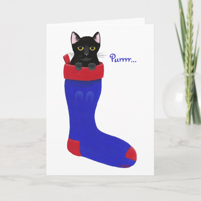 Svart katt i blå julklapp helgkort (Framsida)