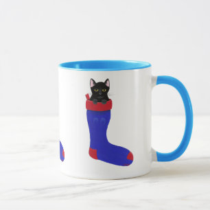 Svart katt i blå julklapp Mugg