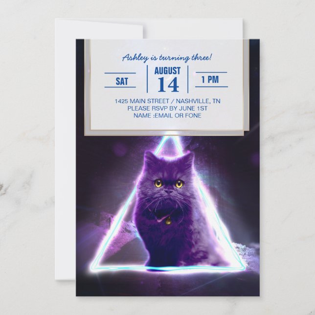 Svart katt i blå neon hipster triangel inbjudningar (Framsida)
