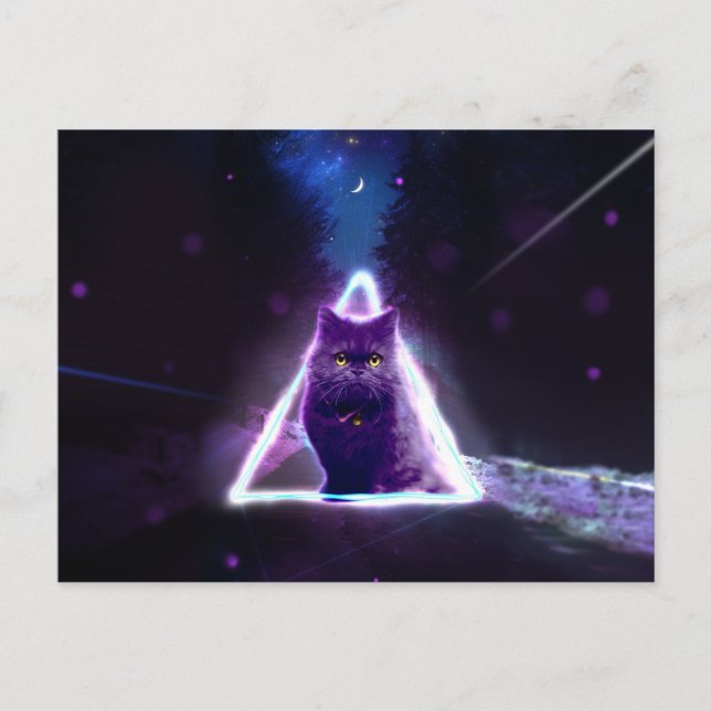 Svart katt i blå neon hipster triangel vykort (Framsida)