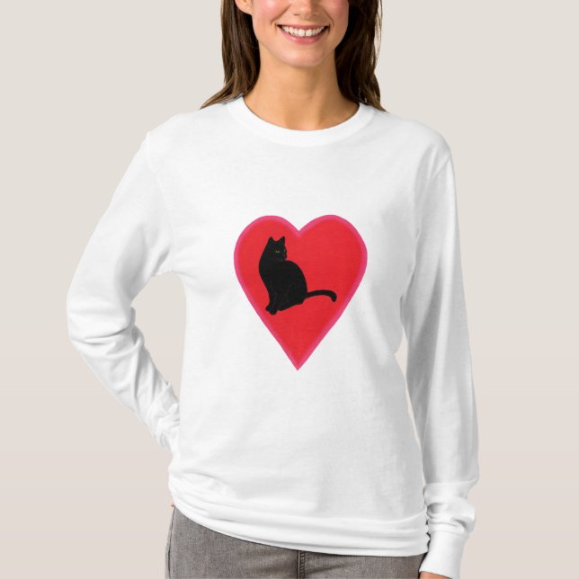 Svart katt i Blend Red och Rosa Heart-skjortor T Shirt (Framsida)