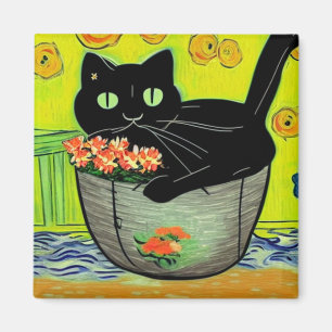 Svart katt i blomkruka magnet