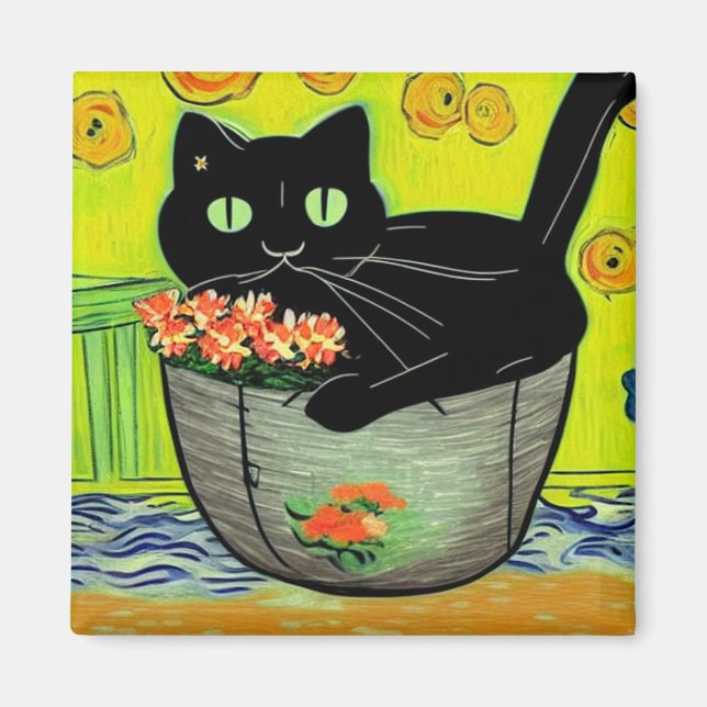 Svart katt i blomkruka magnet (Framsidan)