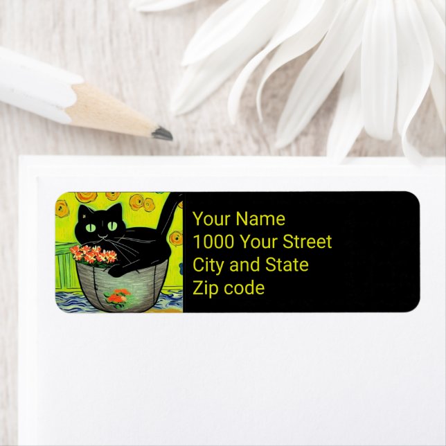 Svart katt i blomkruka returadress etikett (Insitu)