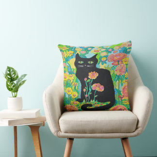 Svart katt i blommor Kastkudde Hemdekor Kudde