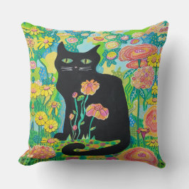 Svart katt i blommor Kastkudde Hemdekor Kudde