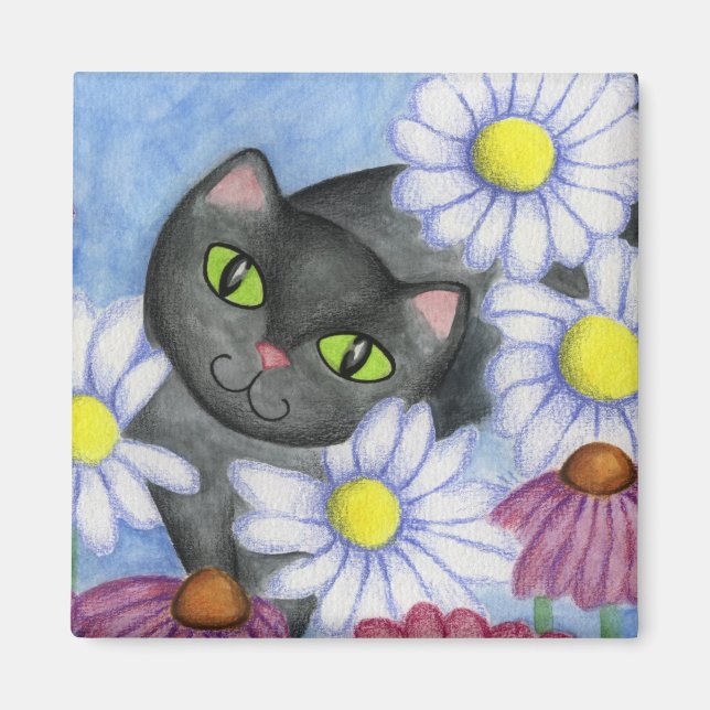 Svart Katt I Blommor Magnet (Framsidan)