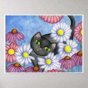 Svart katt i blommor Poster
