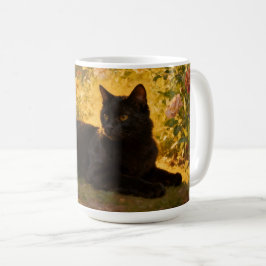 Svart katt i blommorna I Kaffemugg