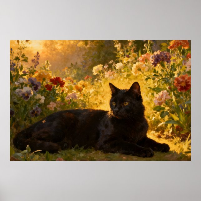 Svart katt i blommorna I Poster (Framsidan)