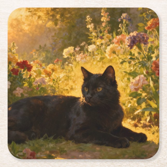 Svart katt i blommorna I Underlägg Papper Kvadrat (Framsidan)
