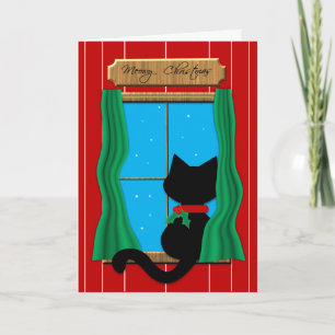 Svart katt i det snöig fönstret - Meowy julkort Helgkort