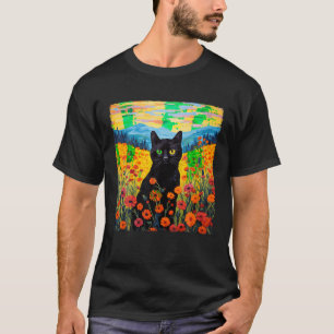 Svart katt i en blomma Fält Van Gogh Cat Starry N T Shirt