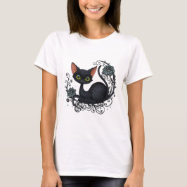 Svart katt i en blomsterkrubba t shirt