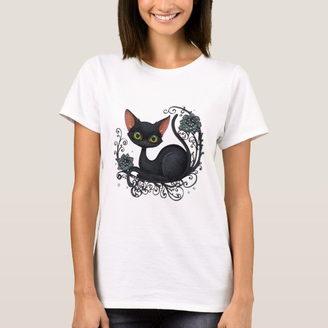Svart katt i en blomsterkrubba  t shirt (Framsida)