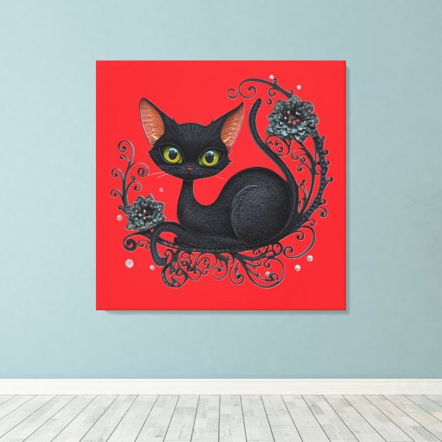 Svart katt i en blomsterkruka  canvastryck (Insitu (trägolv))