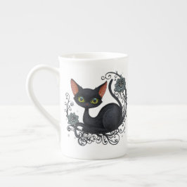 Svart katt i en blomsterkrukka benporslin mugg