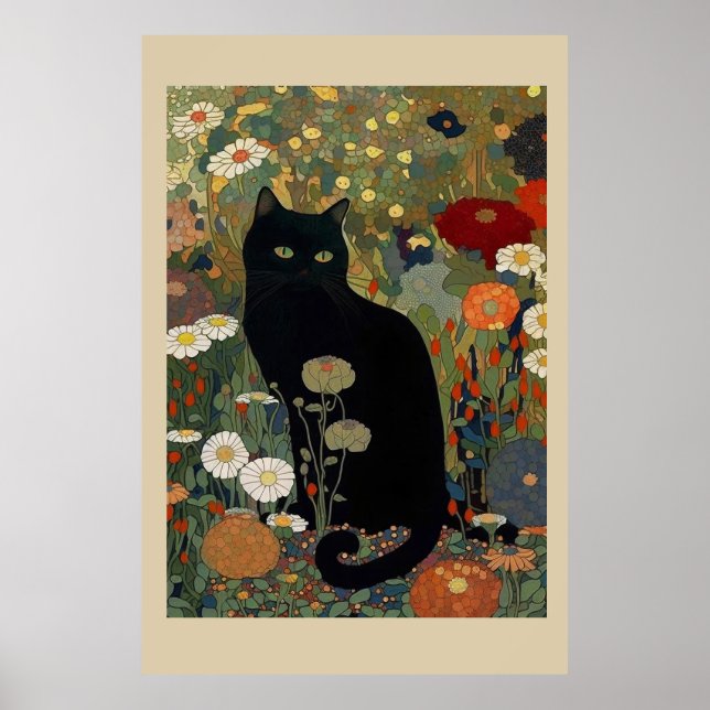 Svart katt i en Garden Poster (Framsidan)