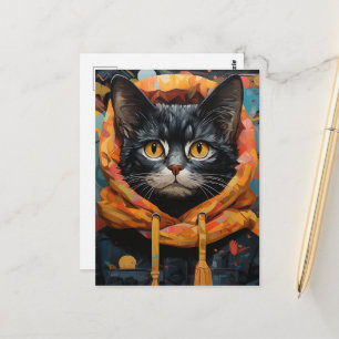 Svart katt i en jacka vykort