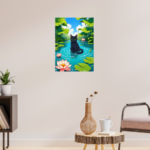 Svart katt i en liljpond poster