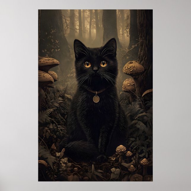 Svart katt i en mörk höstskog med svamp poster (Framsidan)
