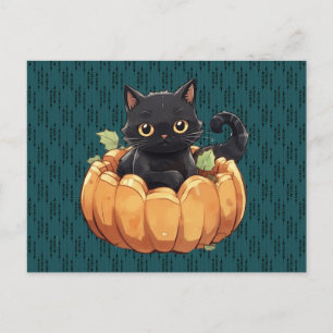Svart katt i en pumpa Söt Behaglig Halloween Helg Vykort