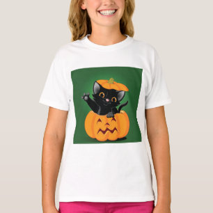 Svart katt i en pumpkin Girls T-Shirt