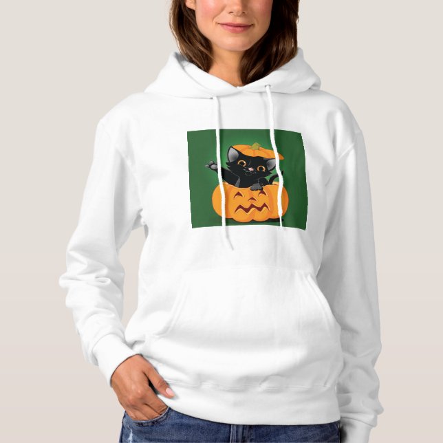 Svart katt i en pumpkin Womens Hoodie T Shirt (Framsida)