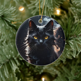 Svart katt i en rökdimma mystifierad julgransprydnad keramik