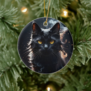 Svart katt i en rökdimma mystifierad julgransprydnad keramik