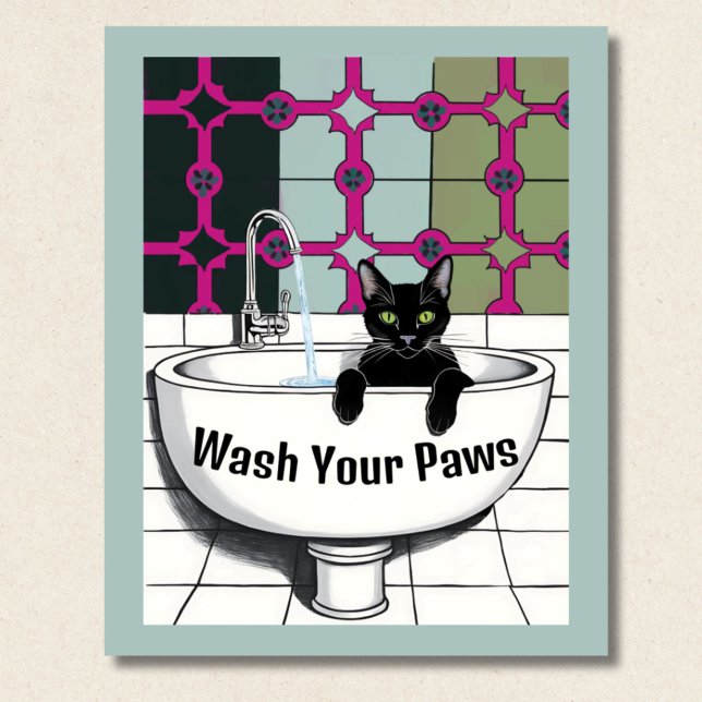 Svart katt i ett Sink, Tvätta rum, tvätta tassar Poster (Skapare uppladdad)