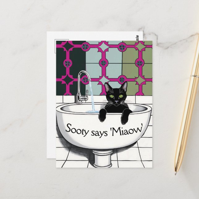 Svart katt i ett Sink, Tvätta rum, tvätta tassar Vykort (Fram/Back In Situ)