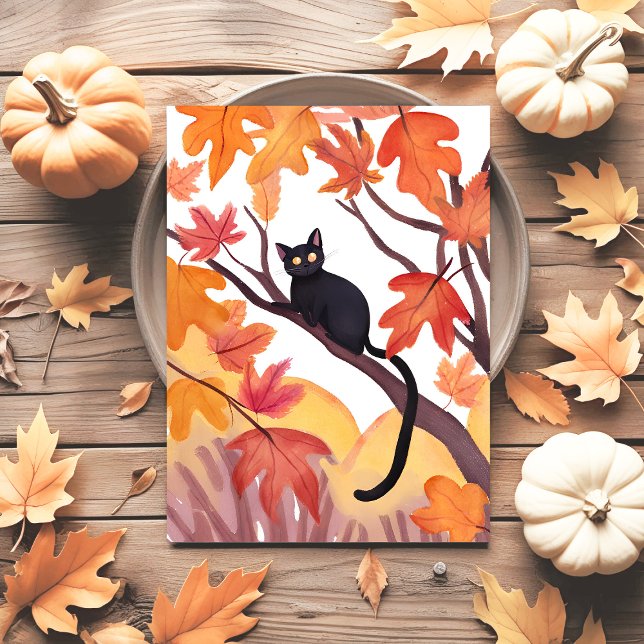 Svart katt i ett träd | Höst Autumn spökligt söt Helg Vykort (Skapare uppladdad)
