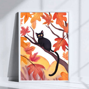 Svart katt i ett träd Höst Fall Skräckigt Sött Poster