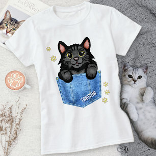Svart katt i Faux Denim Pocket med eget namn T Shirt