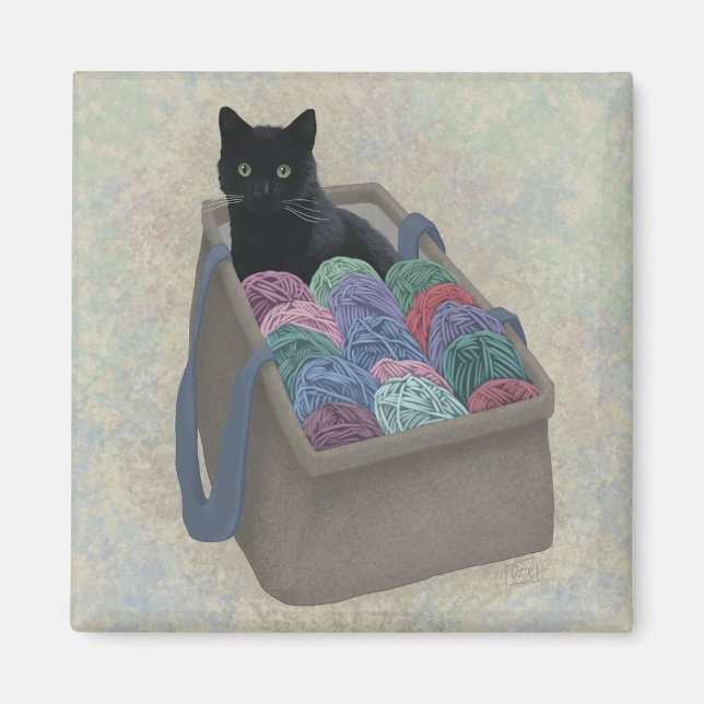 Svart katt i garnpåse  magnet (Framsidan)